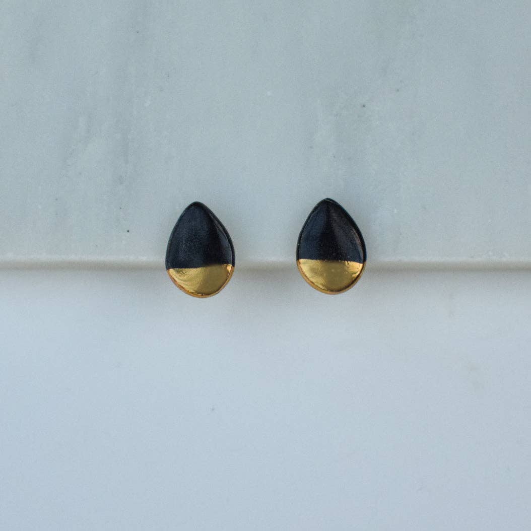 Black Ceramic Triangle Studs With Gold Lustre