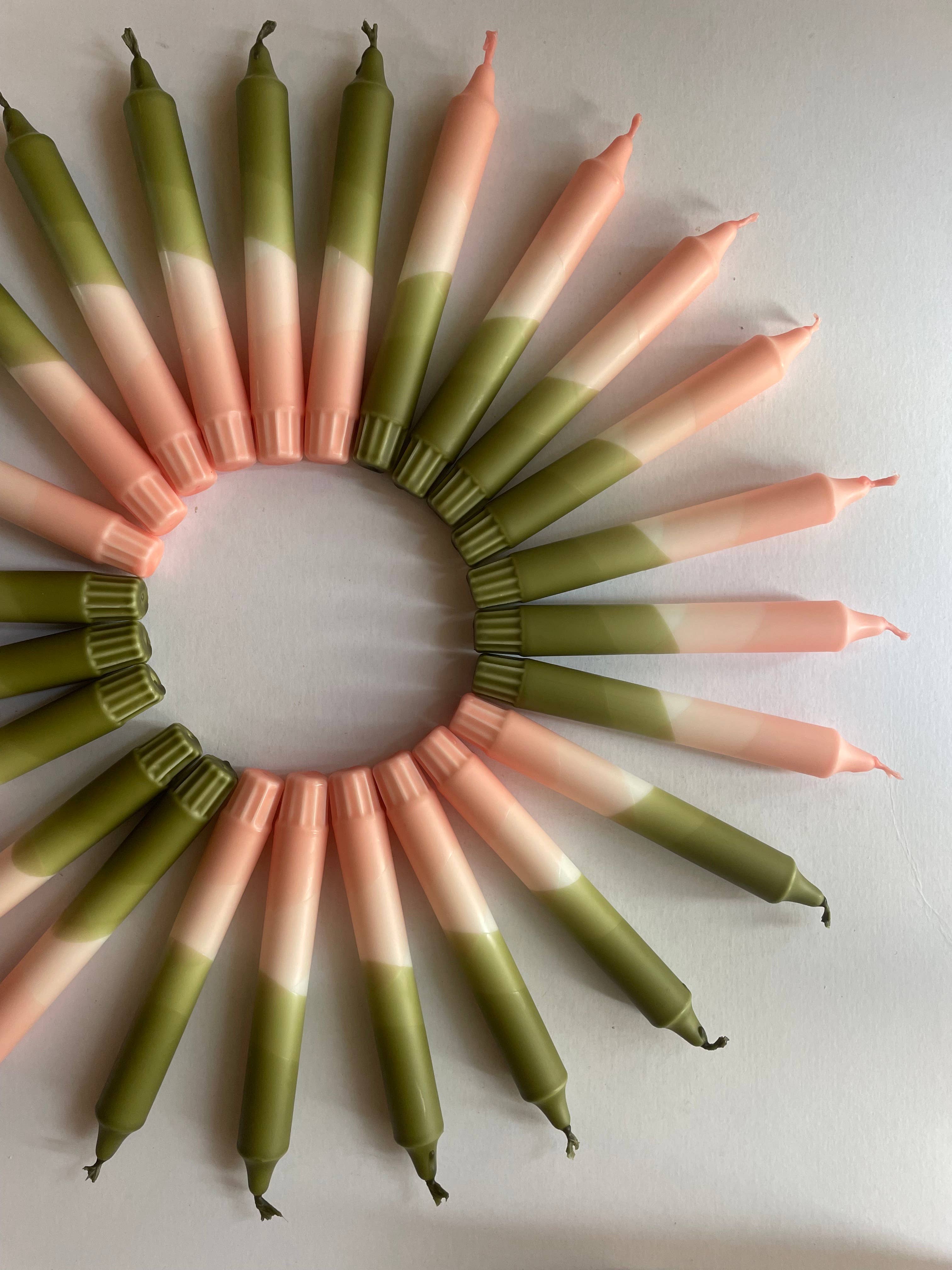 Blush pink and olive green dip dyed candles 