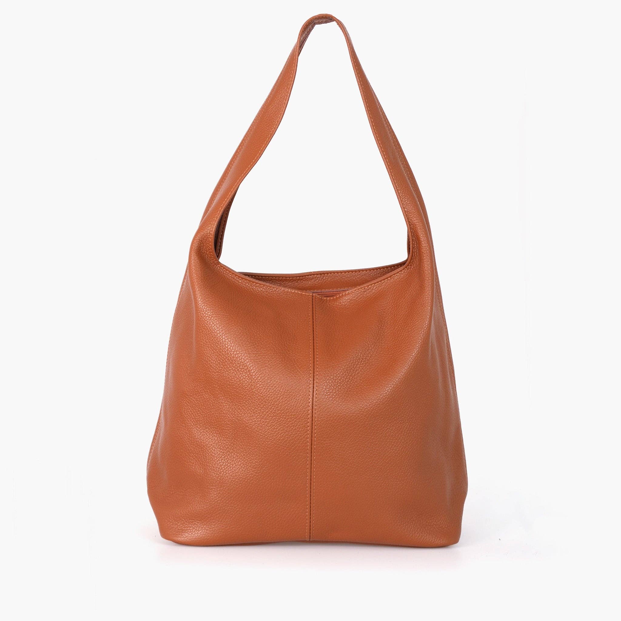 Front view of a Tan Pebbled Italian Leather Shoulder Bag with a slouchy hobo design and wide strap.
