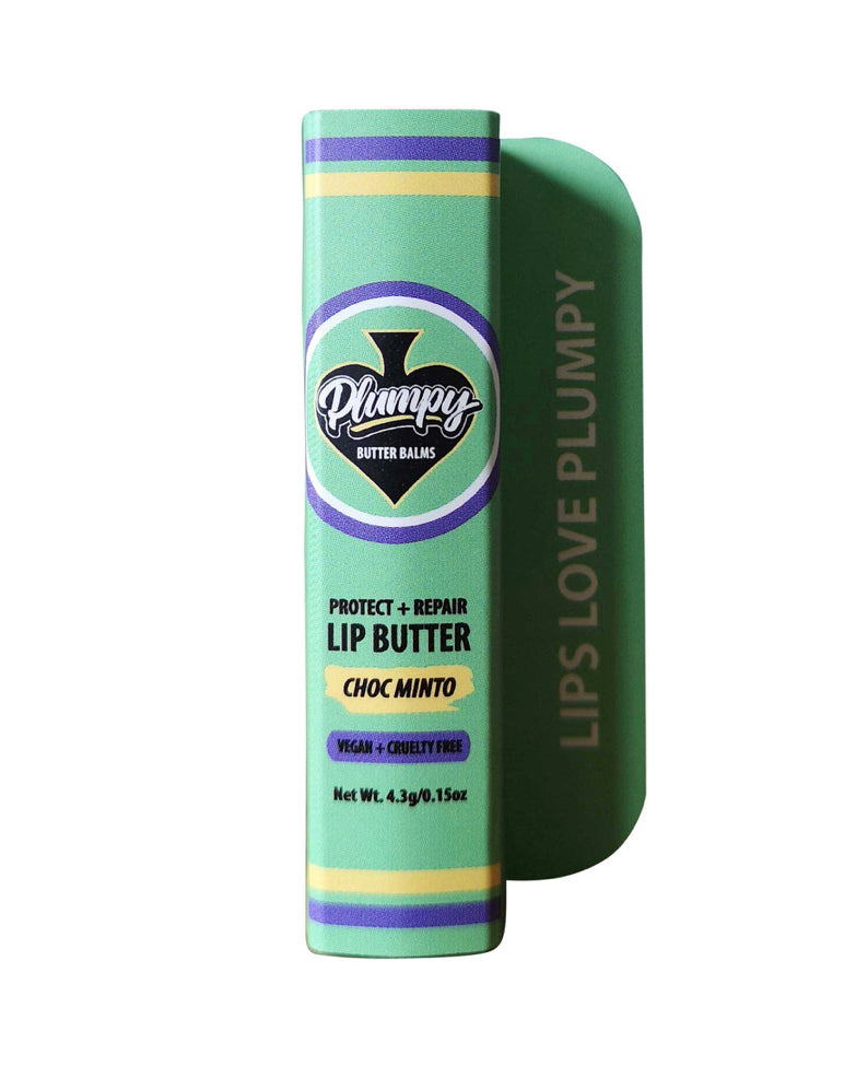 Choc mint lip butter sticks by plumpy vegan and natural