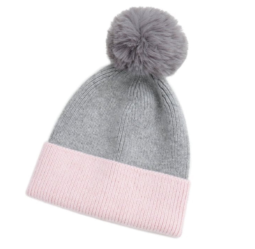 Ladies Winter Pom Knitted Hat - Grey & Pink
