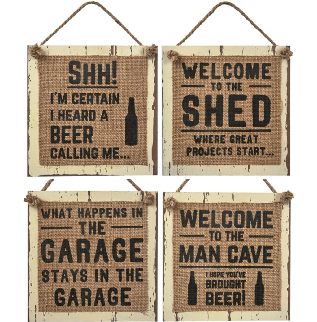 Man Cave Hessian Wooden Signs