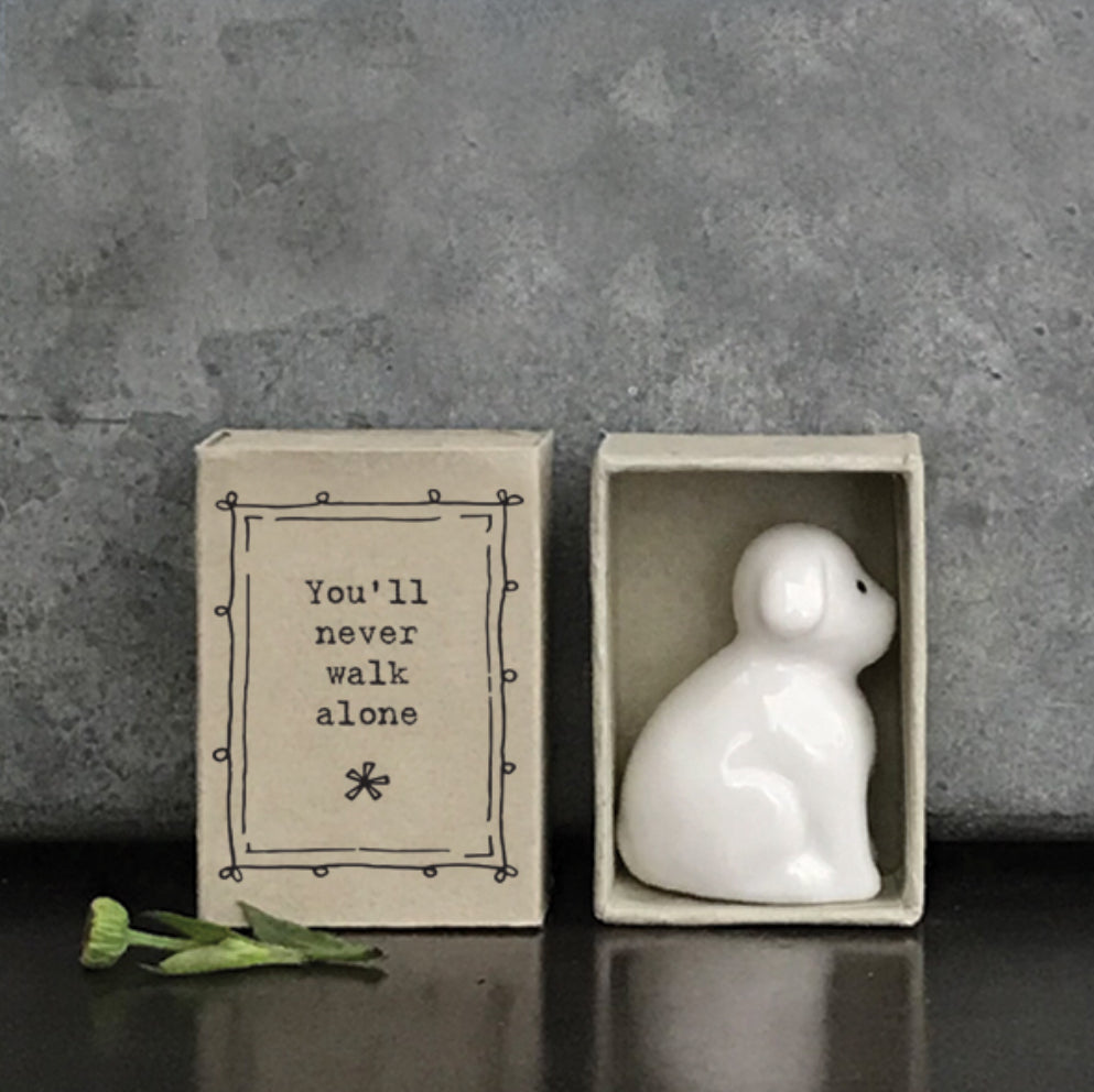 Matchbox ceramic dog with saying you’ll never walk alone keepsake from east of India 